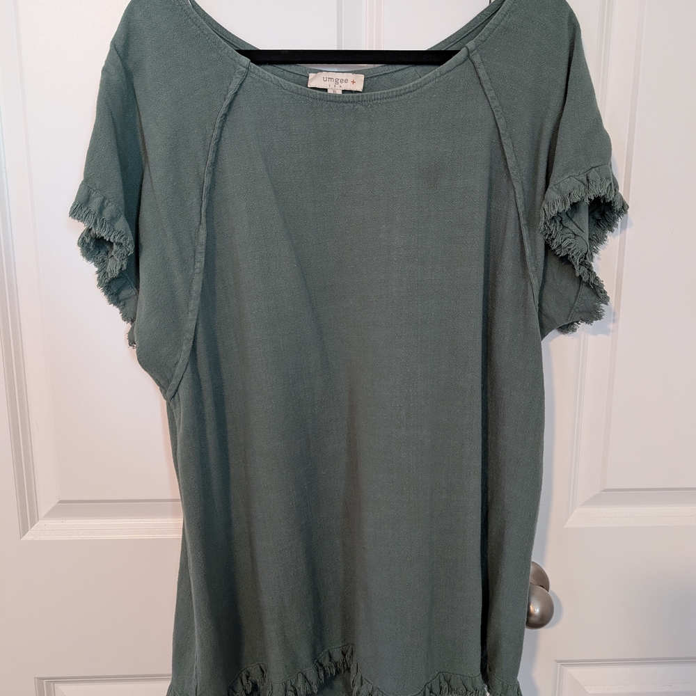 Umgee Sage Green Short Sleeve Top with Fringe